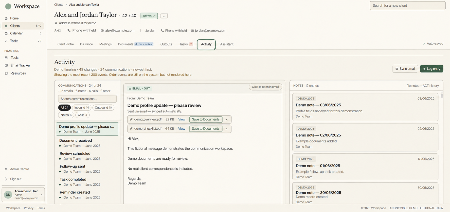Activity, fictional demo data