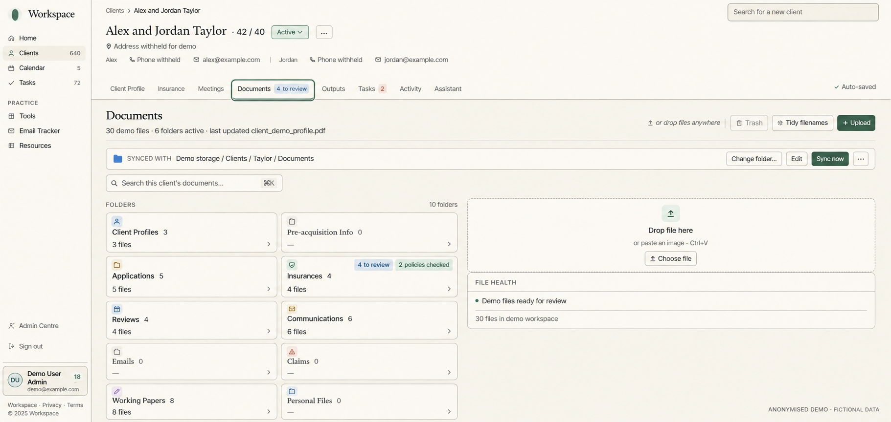 Documents, fictional demo data