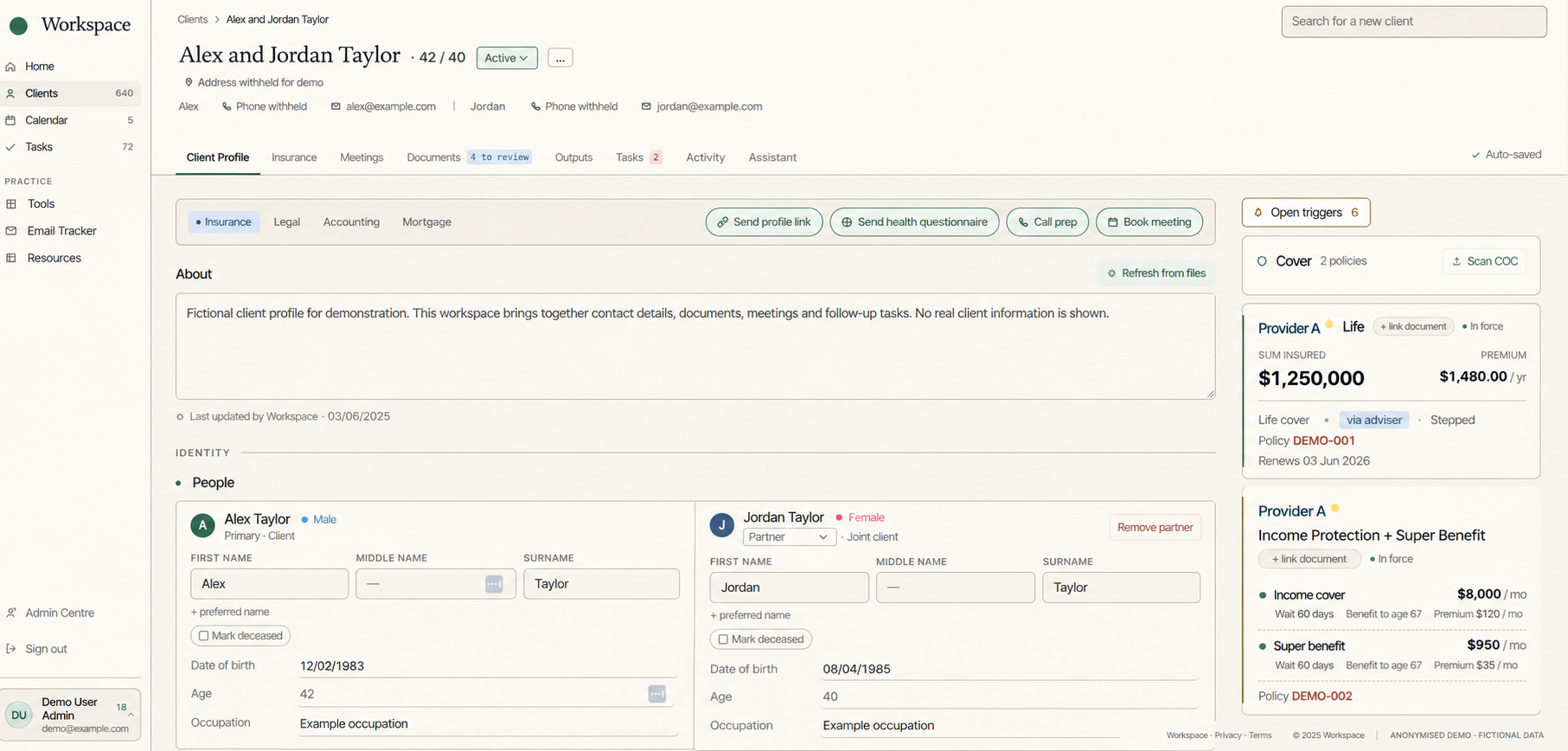 Client profiles, fictional demo data