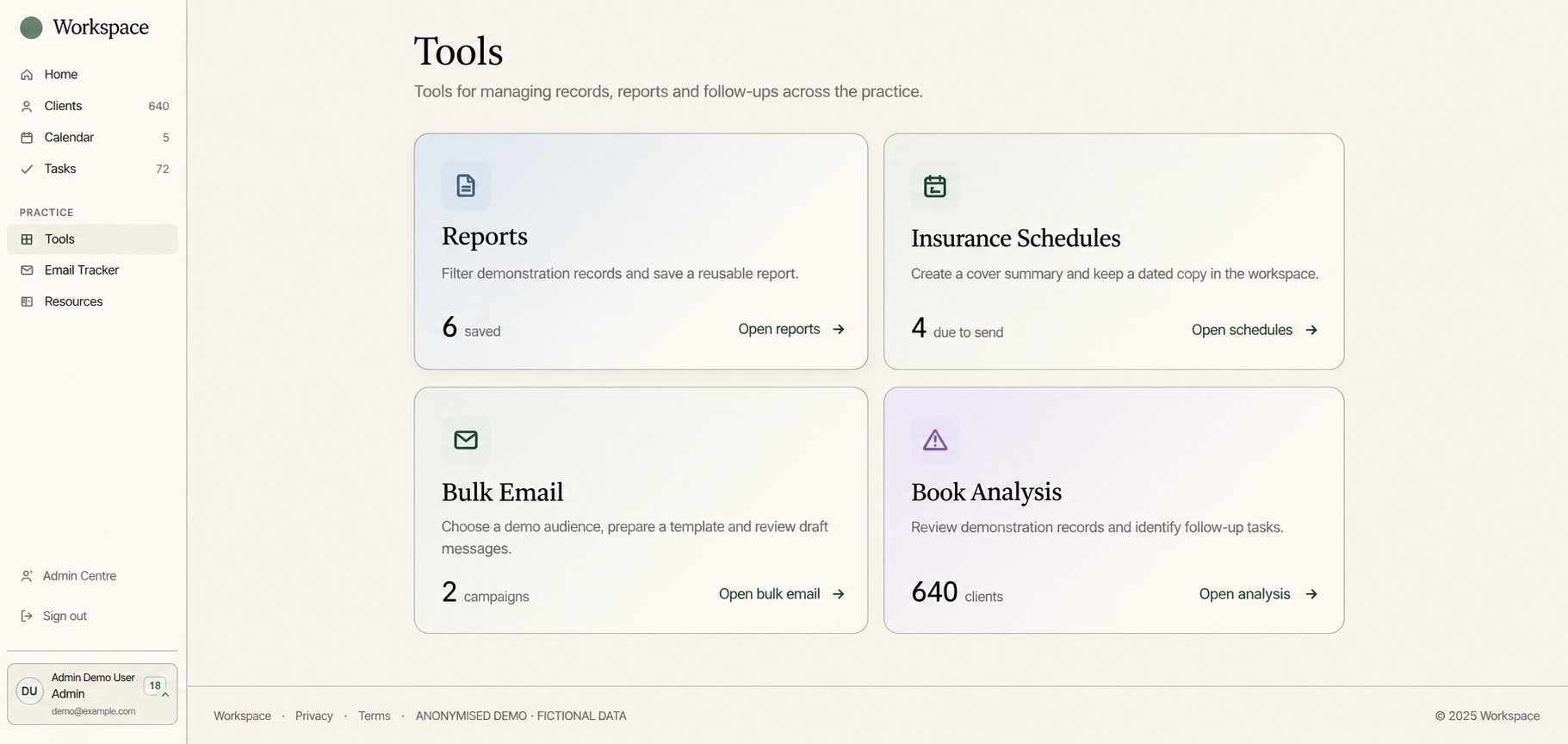Practice tools, fictional demo data